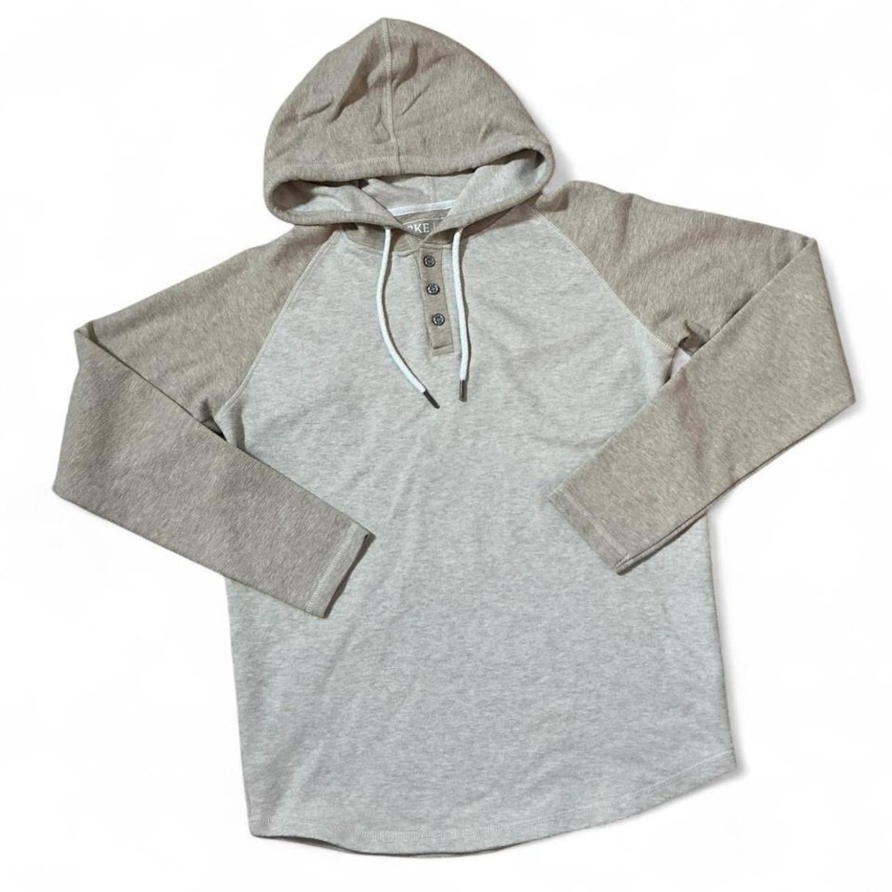BKE Raglan Henley Hoodie Mens Large Gray Tan Ribbed Long Sleeve B4512 Casual Top